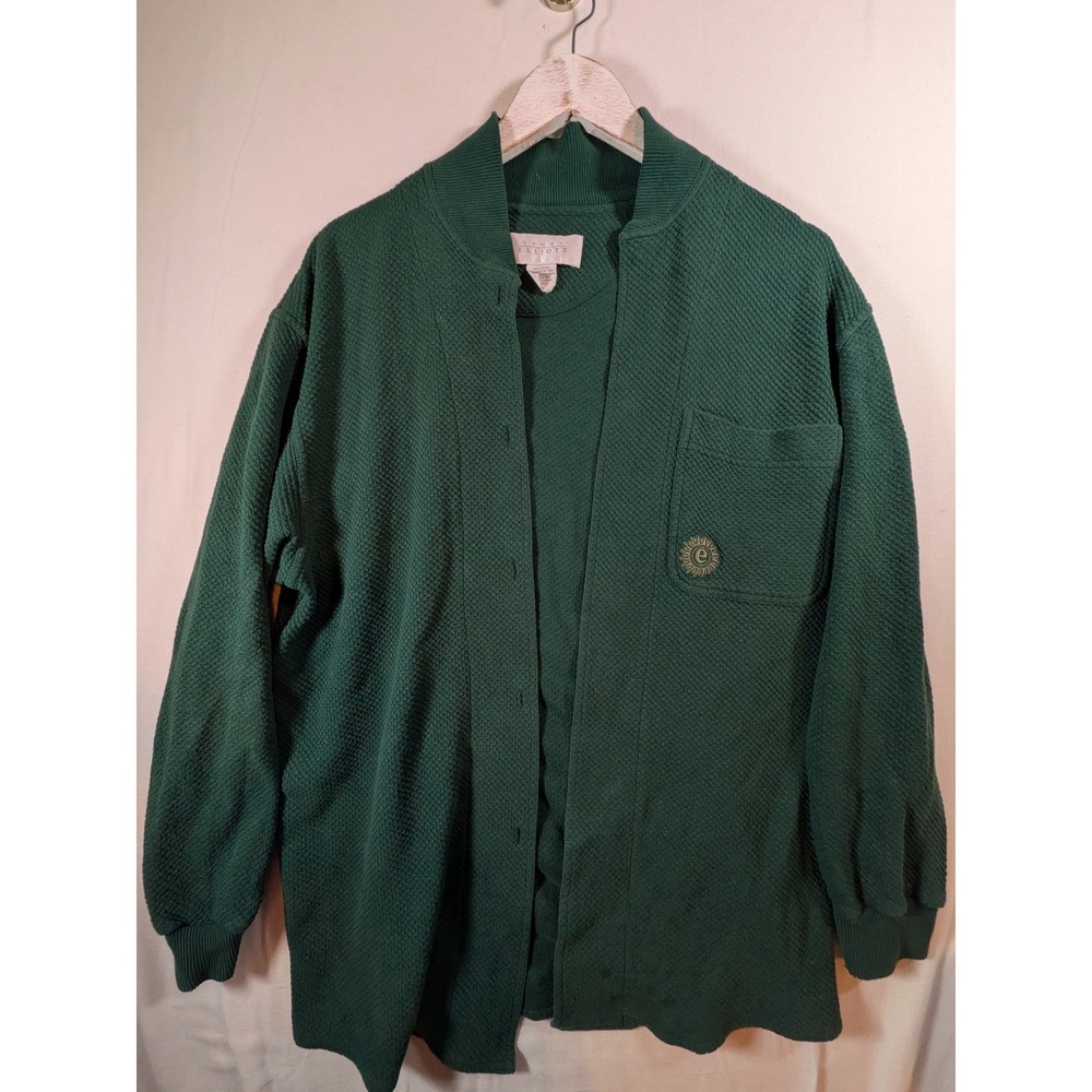 Sandy Elliott Green Waffle Knit Cotton Cardigan Sweater Small Made in Canada